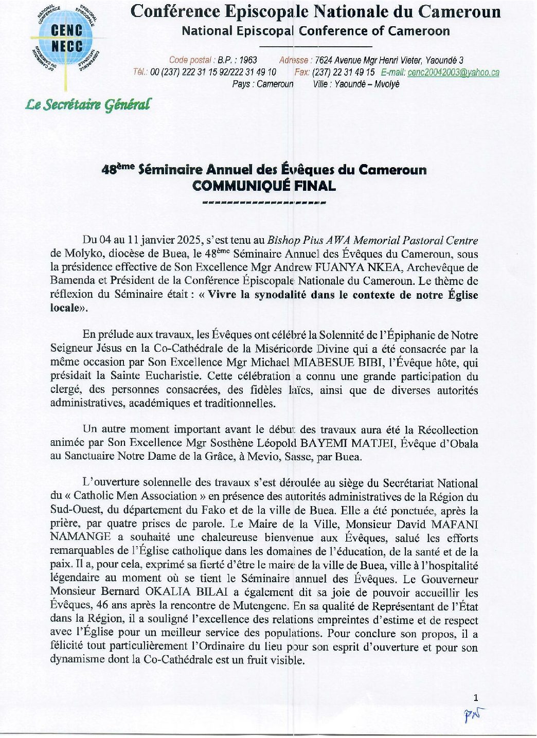 Communique final de la rencontre des eveques du Cameroun a Buea